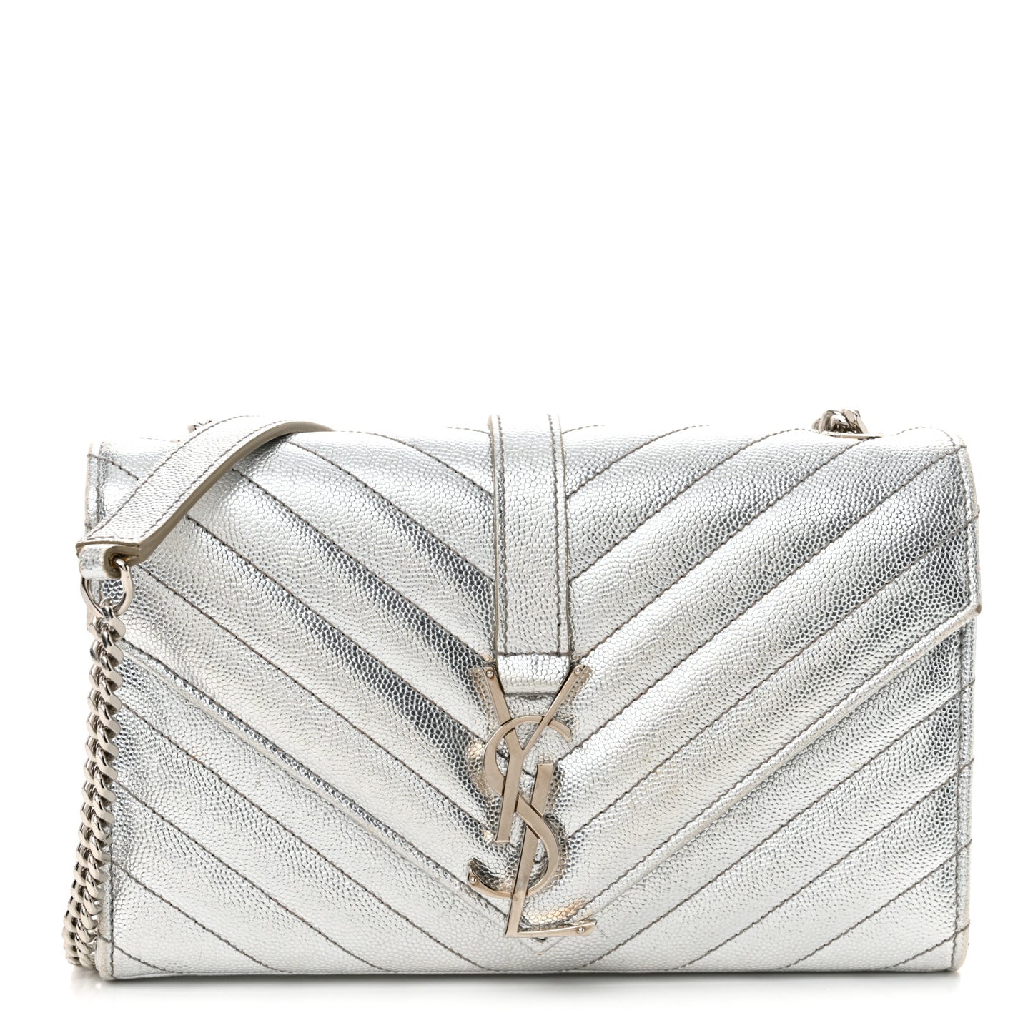 Metallic Grain De Poudre Matelasse Chevron Small Monogram Satchel Silver