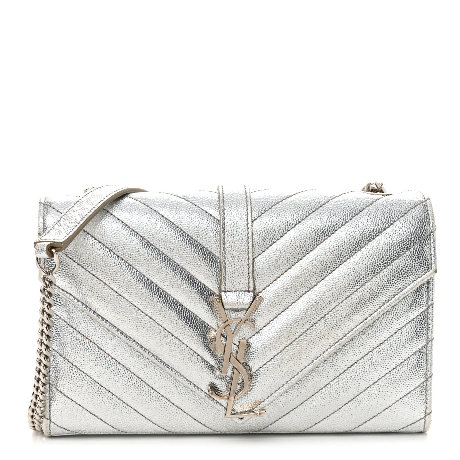 Saint Laurent Metallic Grain De Poudre Matelasse Chevron Small Monogram Satchel Silver 1 of 14