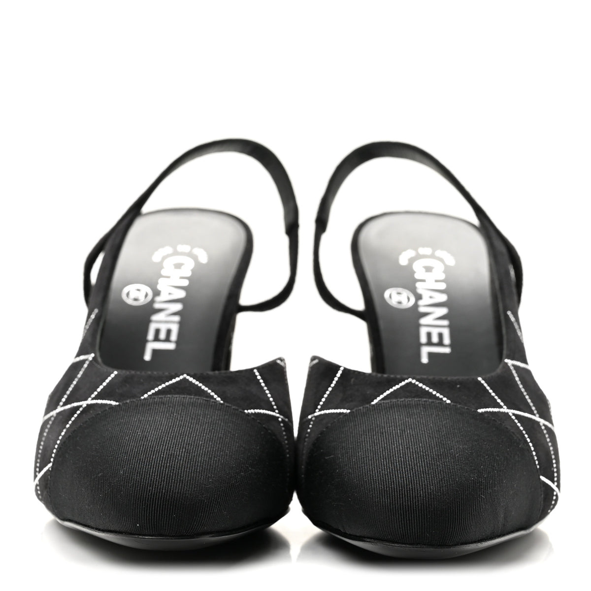 Chanel Suede Kidskin Cap Toe CC Slingback Pumps 37.5 Black Silver 3 of 9