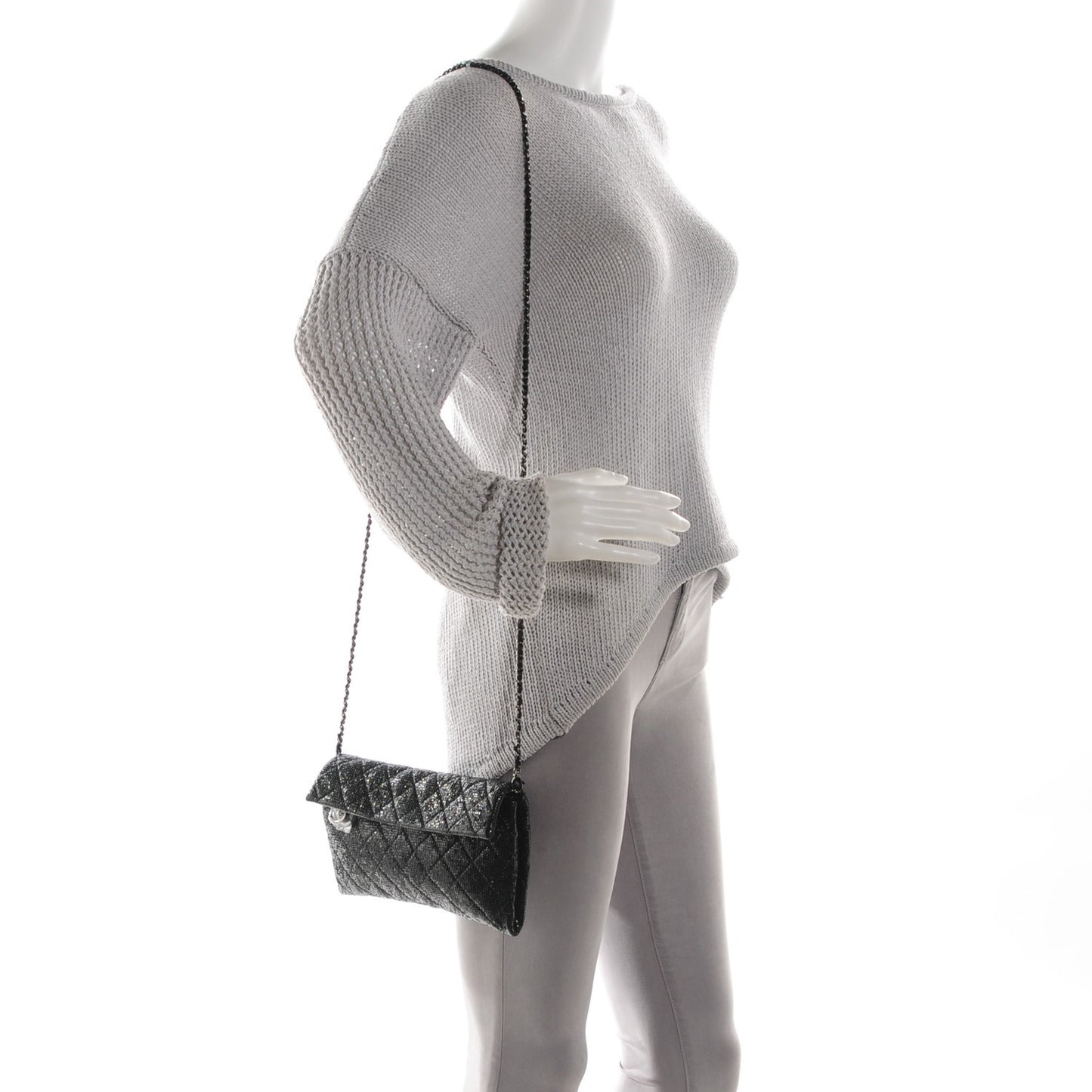Vinyl Quilted Clutch with Chain Black