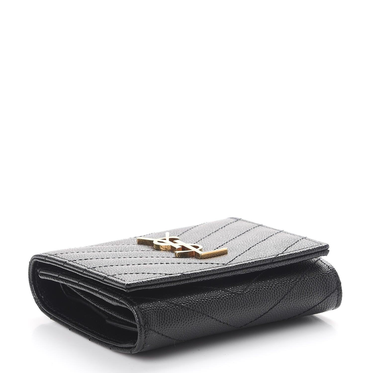Saint Laurent Grain De Poudre Matelasse Chevron Monogram Compact Wallet Black 4 of 8
