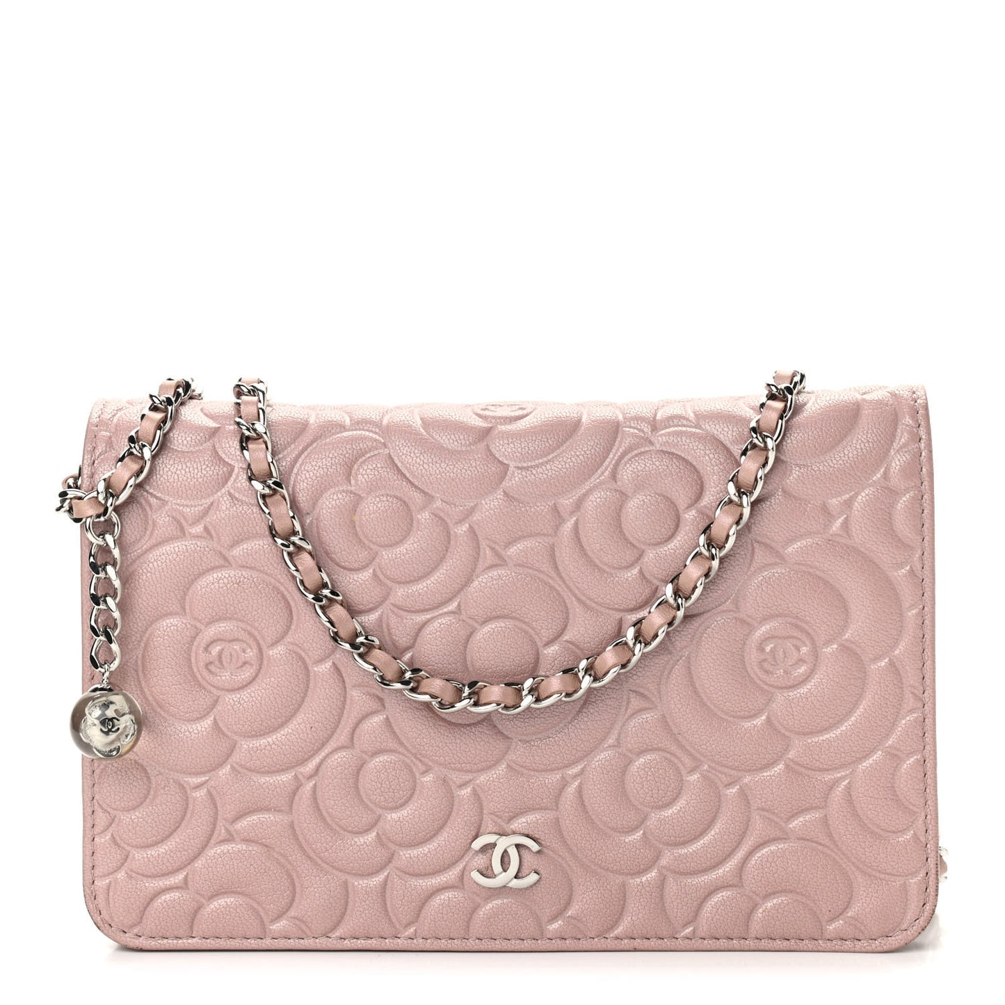 Goatskin Camellia Embossed Wallet On Chain WOC Light Pink
