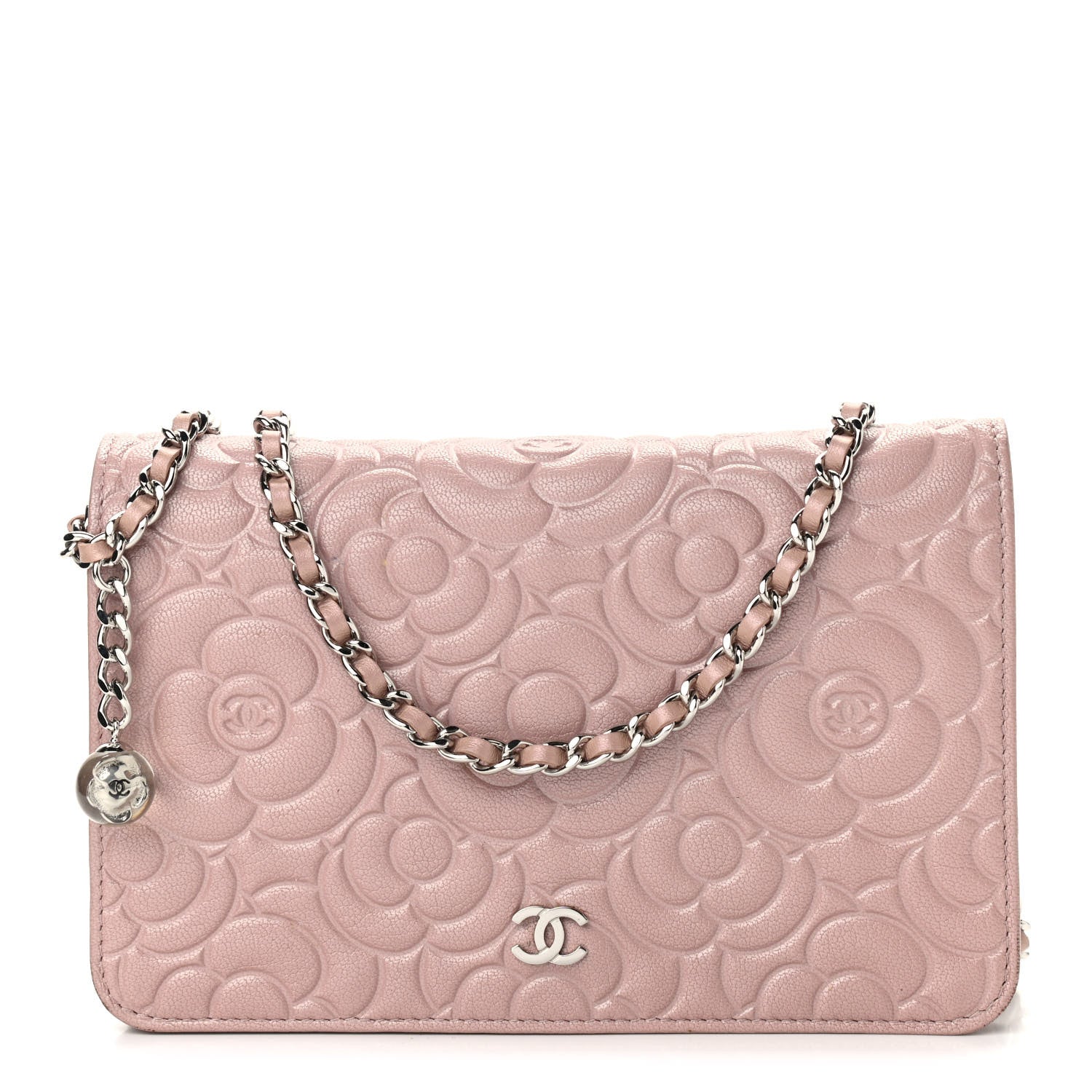 Chanel Goatskin Camellia Embossed Wallet On Chain WOC Light Pink 1 of 9