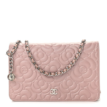 Chanel Goatskin Camellia Embossed Wallet On Chain WOC Light Pink 1 of 9