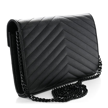 Saint Laurent Grain De Poudre Matelasse Chevron Monogram Monochrome Chain Wallet Black 3 of 12