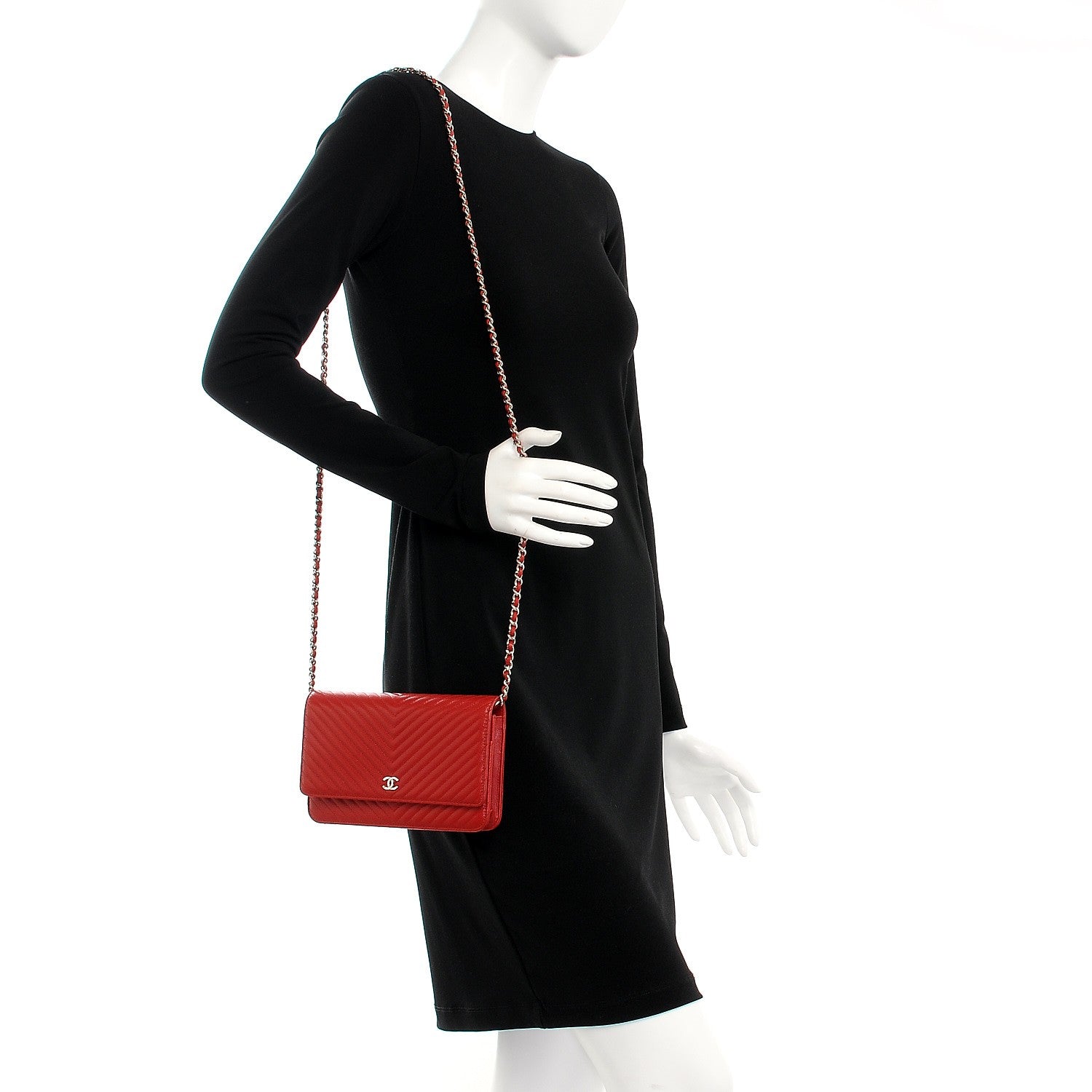 Chanel Caviar Chevron Quilted Wallet On Chain WOC Red 2 of 9