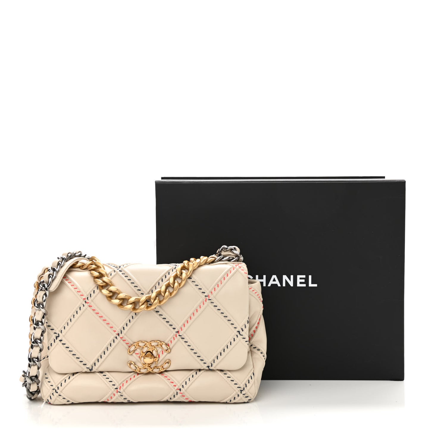 Lambskin Mixed Fibers Quilted Medium Chanel 19 Flap Beige