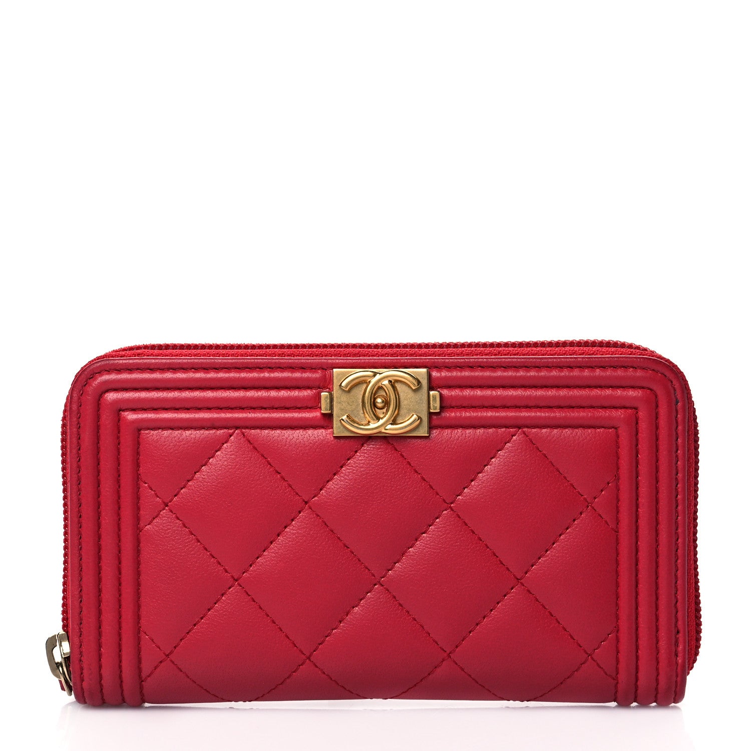 Chanel Lambskin Quilted Small Boy Zip Around Wallet Red 1 of 9