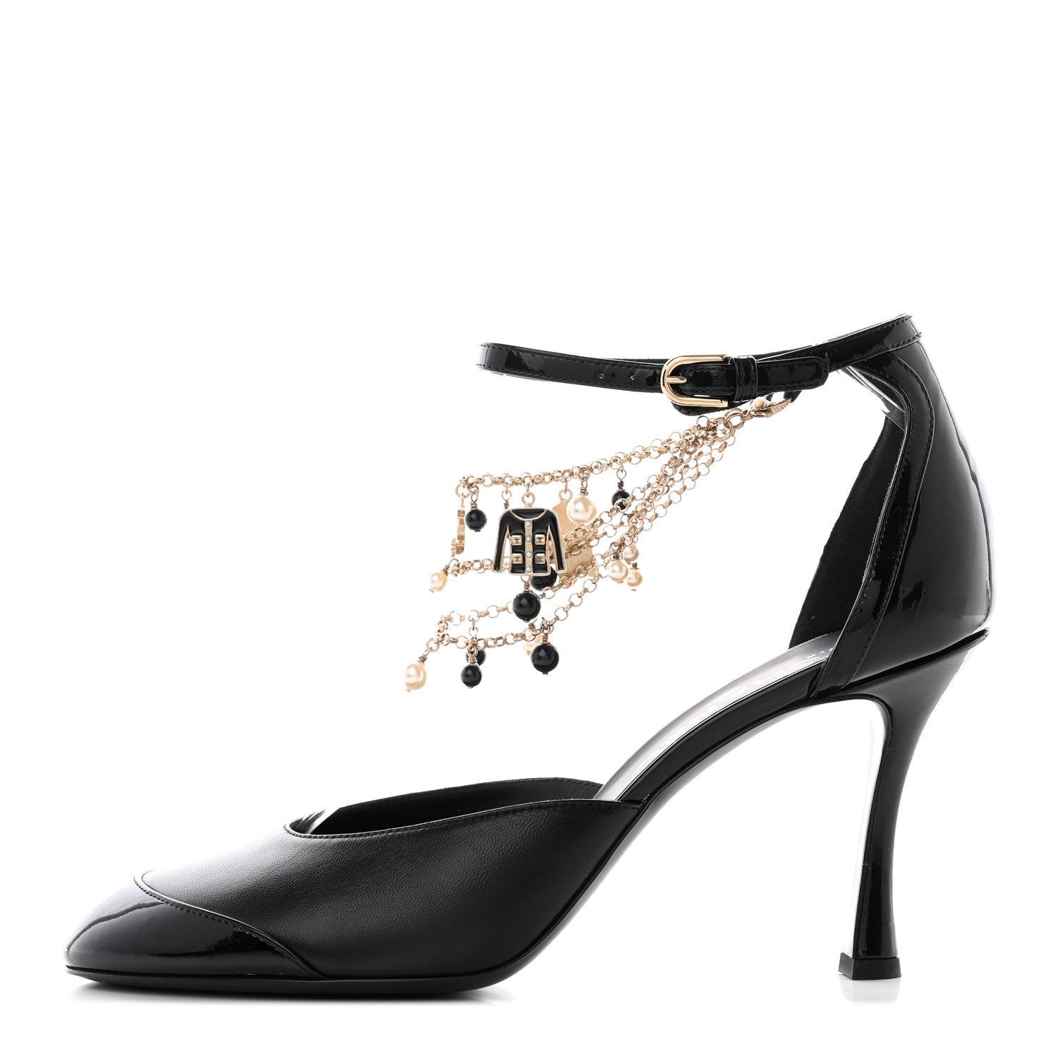 Chanel Patent Cap Toe Chain Ankle Strap Pumps 41.5 Black 1 of 11