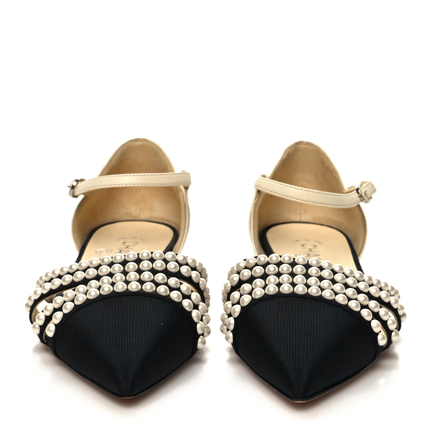 Lambskin Grosgrain Pearl Slingbacks 37.5 White Black