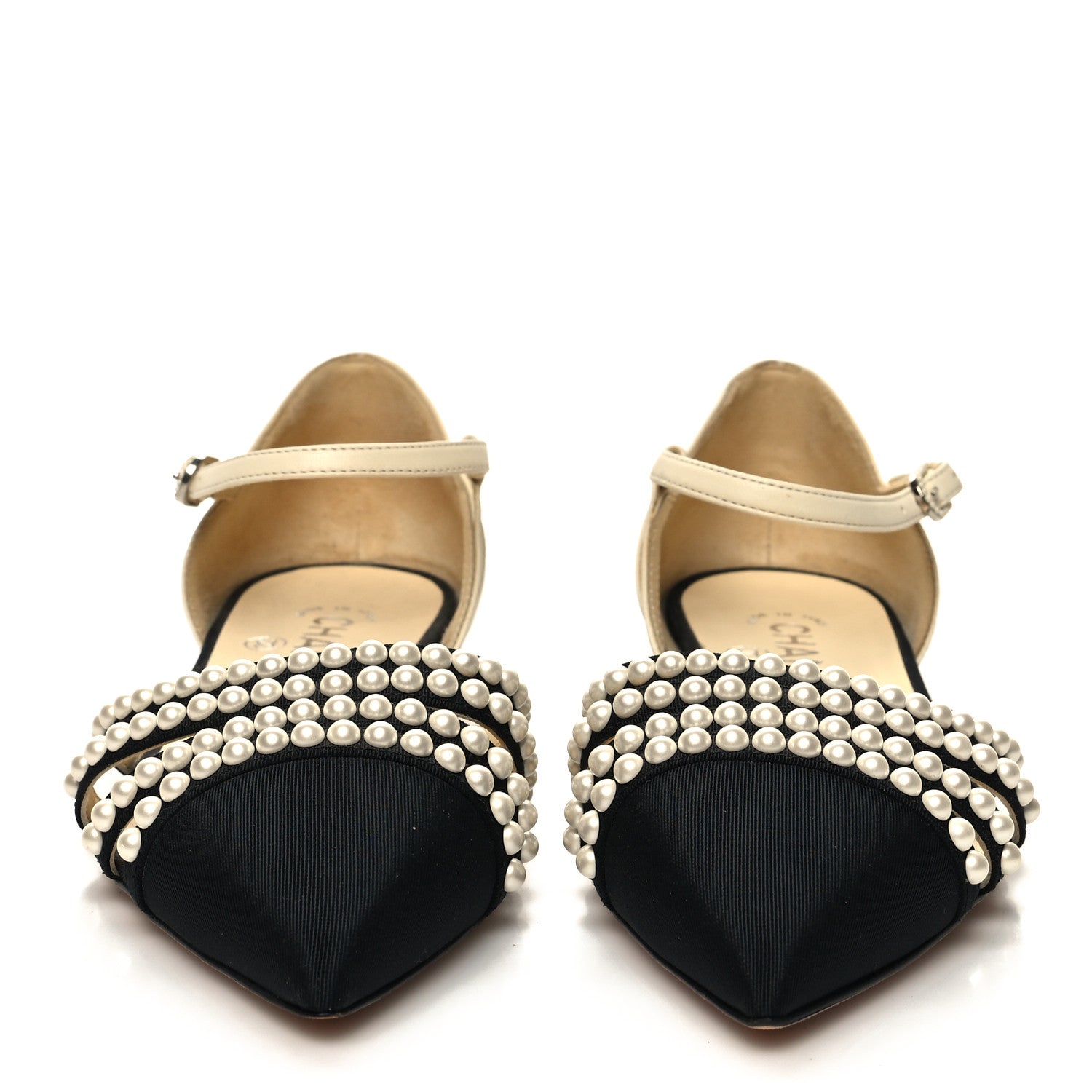 Chanel Lambskin Grosgrain Pearl Slingbacks 37.5 White Black 2 of 9