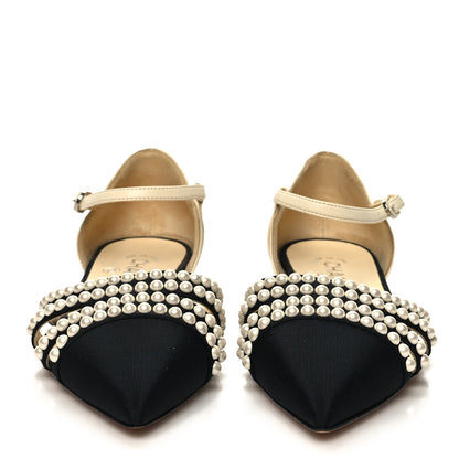 Chanel Lambskin Grosgrain Pearl Slingbacks 37.5 White Black 2 of 9