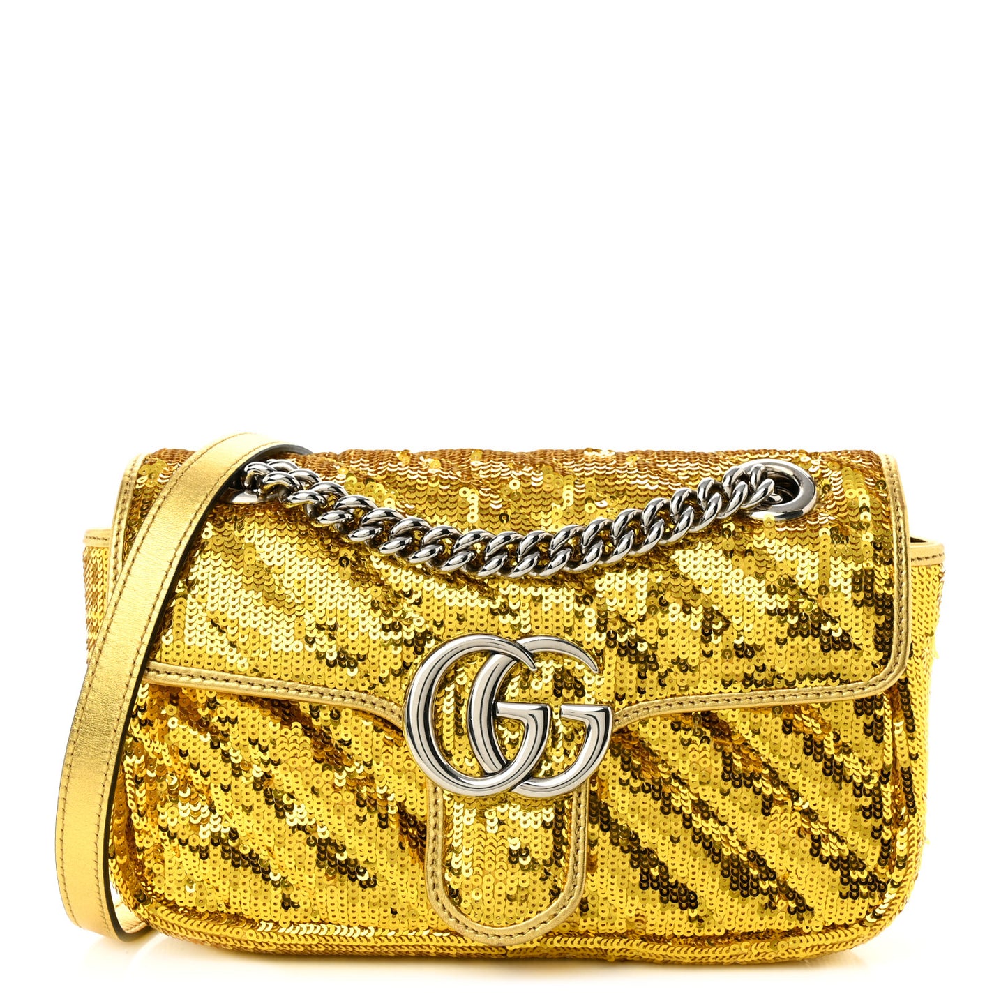 Sequin Matelasse Diagonal Mini GG Marmont Shoulder Bag Gold