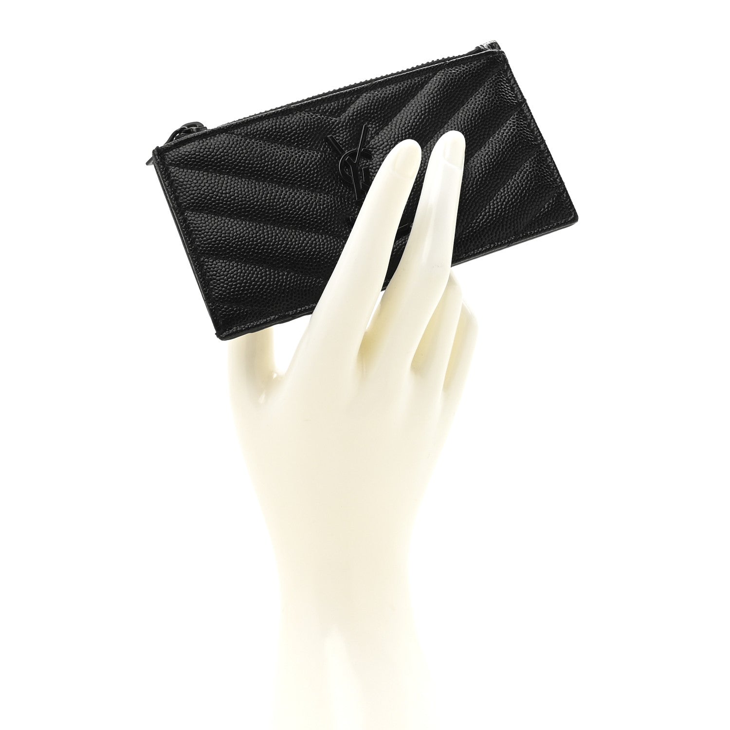 Saint Laurent Grain De Poudre Matelasse Chevron Monochrome Fragments Zippered Card Case Black 2 of 8