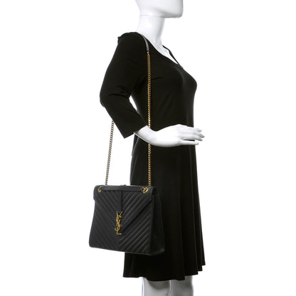 Saint Laurent Smooth Calfskin Matelasse Chevron Large Monogram Satchel Black 2 of 14