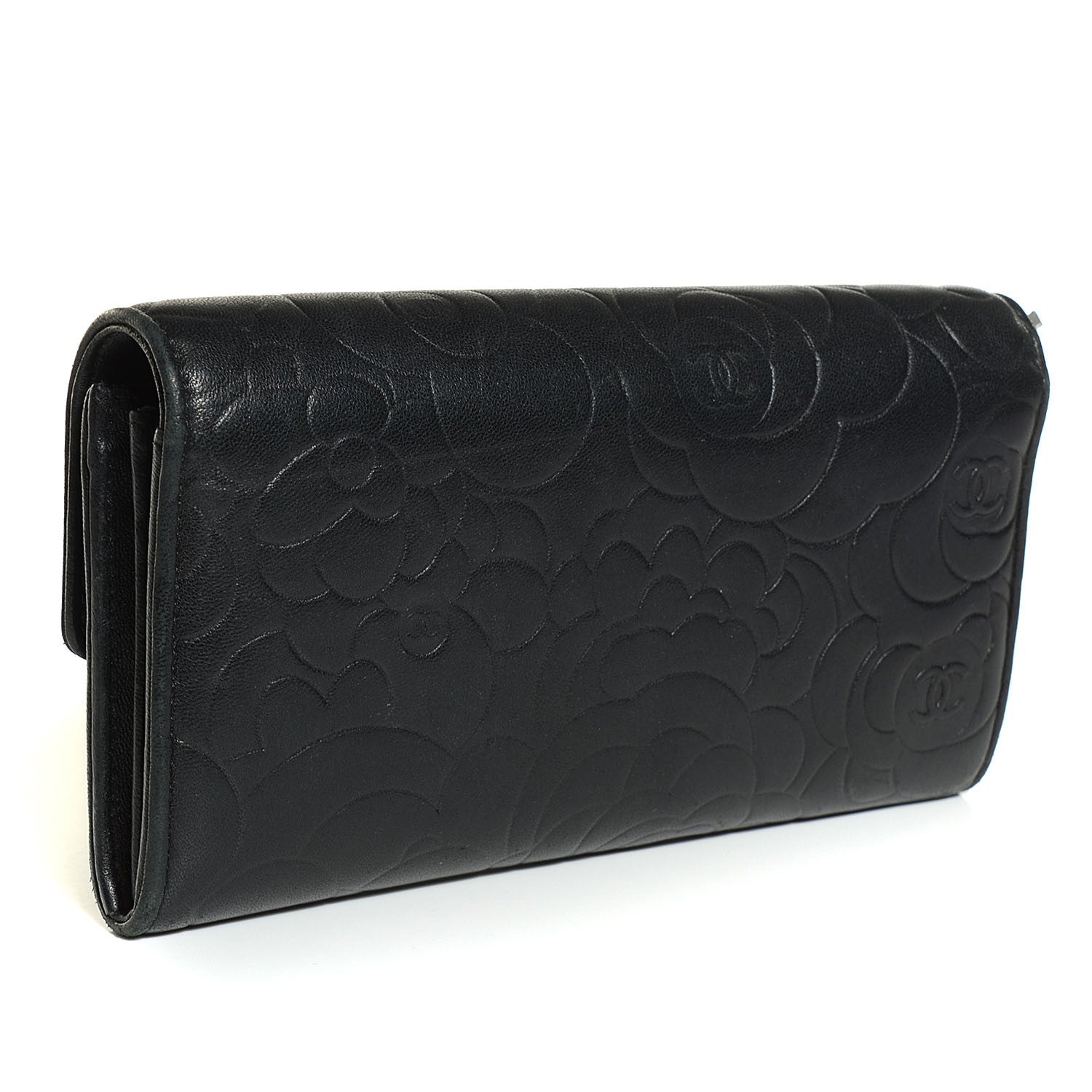 Chanel Lambskin Embossed Camellia Large Gusset Flap Wallet Black 3 of 9