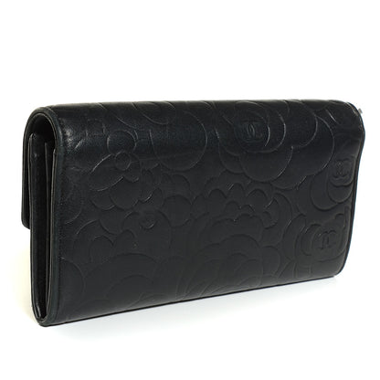 Chanel Lambskin Embossed Camellia Large Gusset Flap Wallet Black 3 of 9