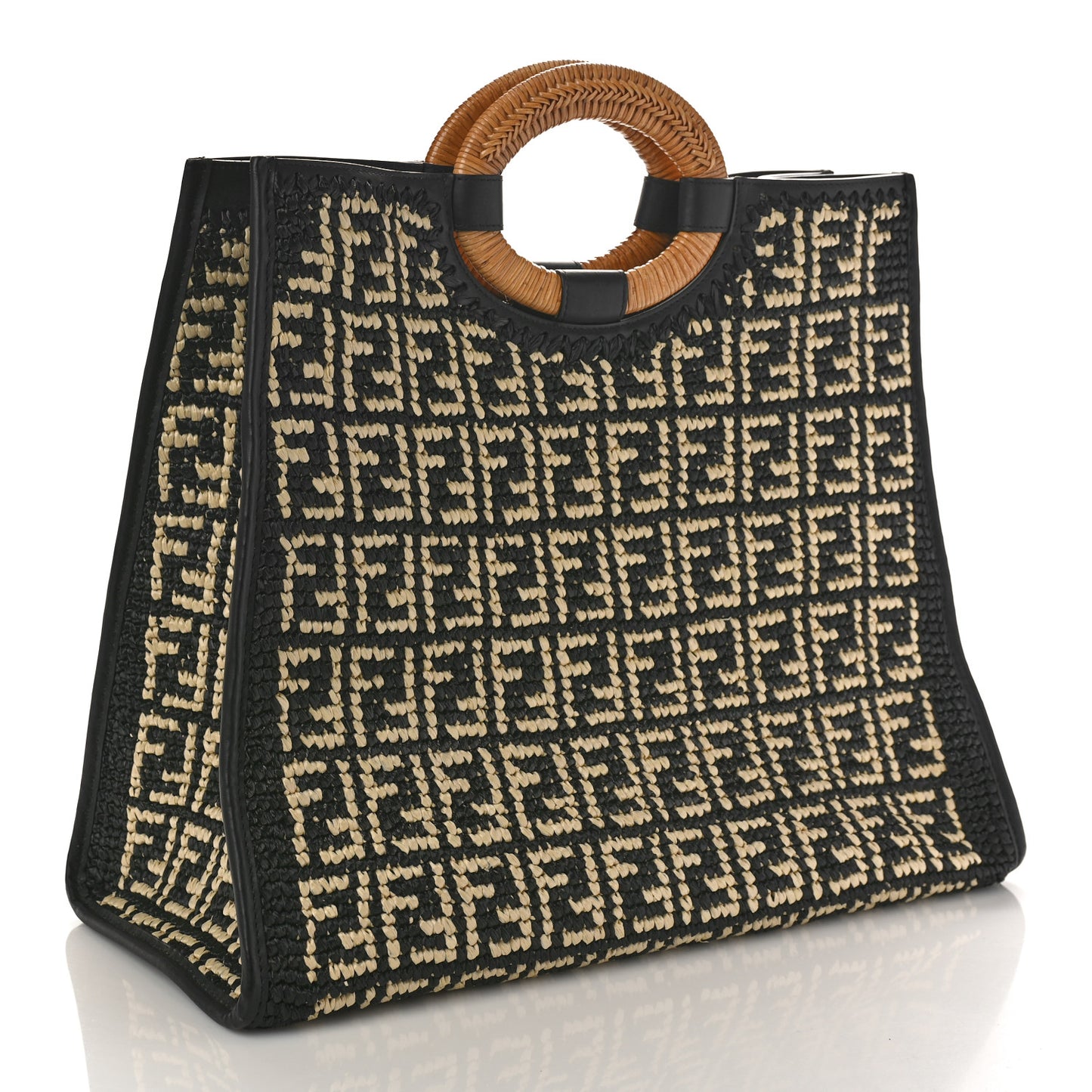 Raffia Vitello Century Wicker FF 1974 Crochet Large Runaway Shopper Tote Natural Black