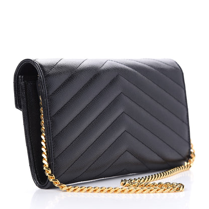 Saint Laurent Grain De Poudre Matelasse Chevron Small Monogram Chain Wallet Black 3 of 11