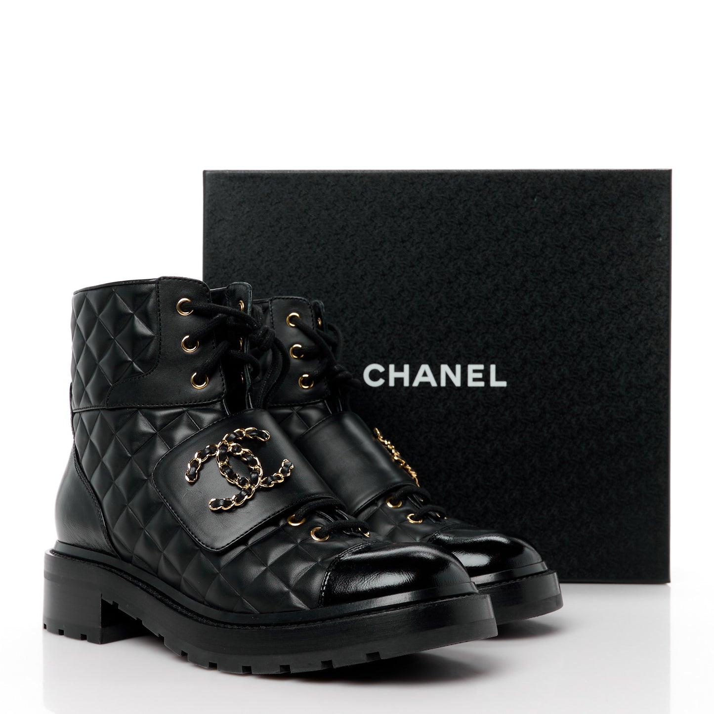 Shiny Calfskin Quilted Lace Up Combat Boots 39.5 Black