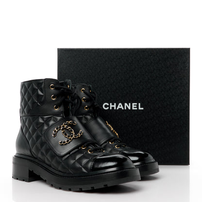 Chanel Shiny Calfskin Quilted Lace Up Combat Boots 39.5 Black 10 of 10