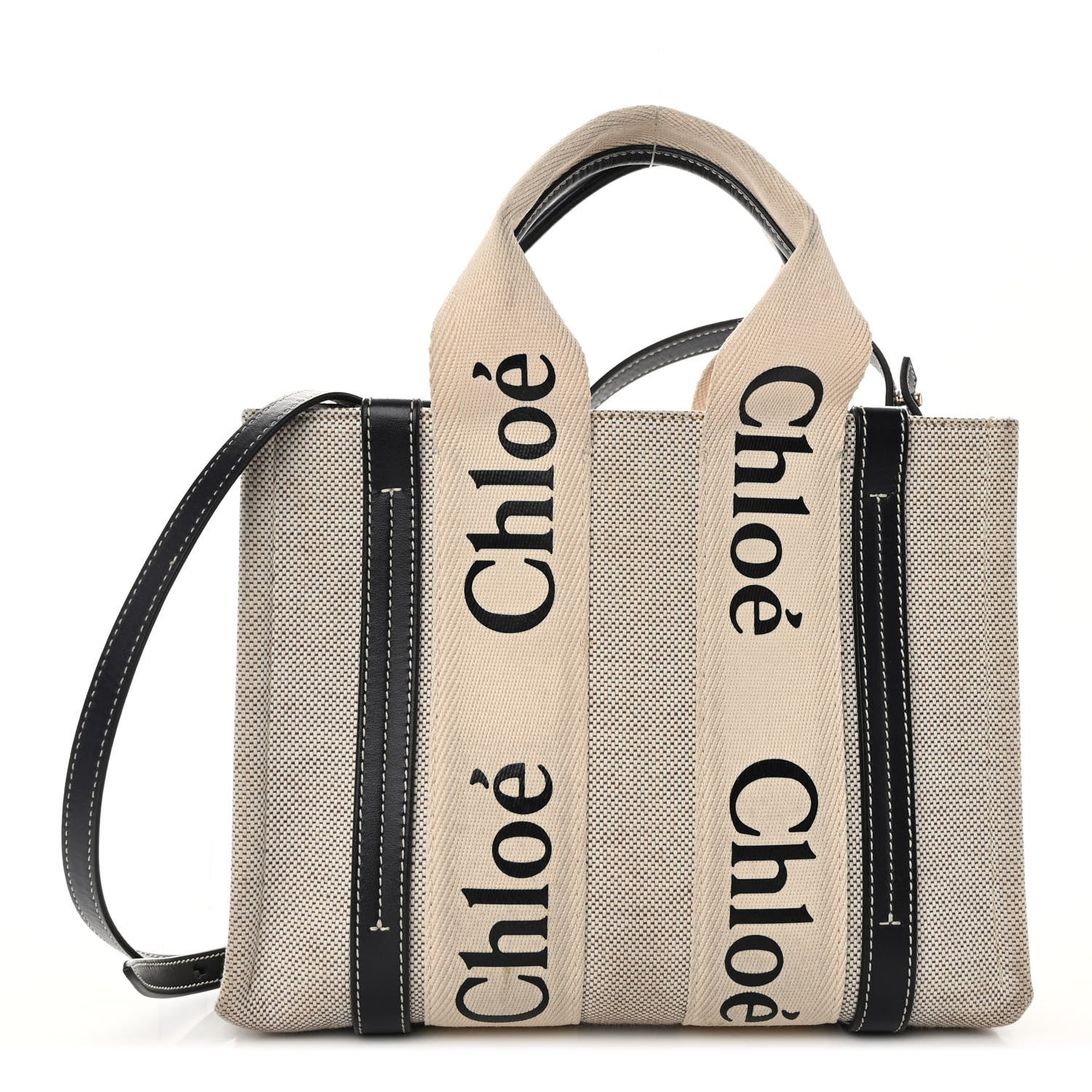 Chloe Cotton Calfskin Small Woody Ribbon Tote With Strap White Navy 1 of 10