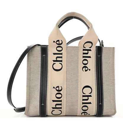 Chloe Cotton Calfskin Small Woody Ribbon Tote With Strap White Navy 1 of 10