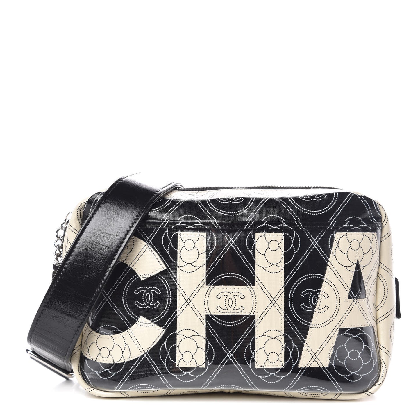 Coated Canvas Calfskin Camellia Printed Camera Case Black Beige