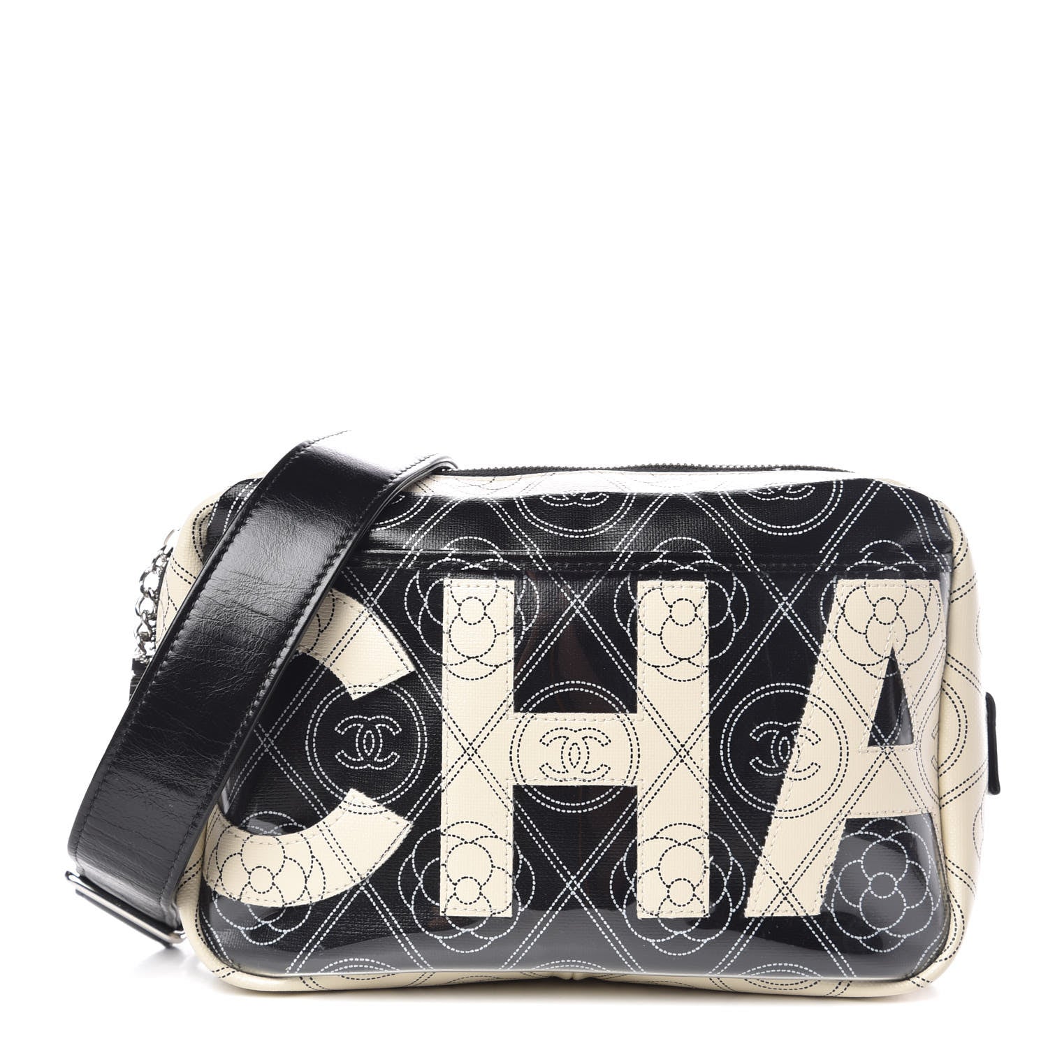 Chanel Coated Canvas Calfskin Camellia Printed Camera Case Black Beige 1 of 10
