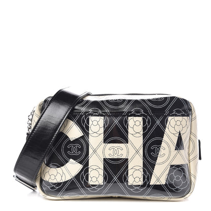 Chanel Coated Canvas Calfskin Camellia Printed Camera Case Black Beige 1 of 10
