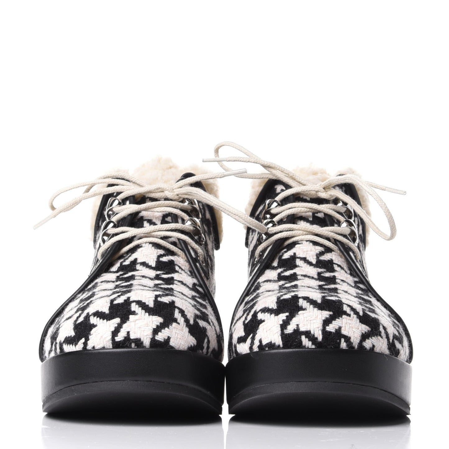 Optical Tweed Faux Shearling Houndstooth Victor Lace Up Ankle Boots 37.5 White Black