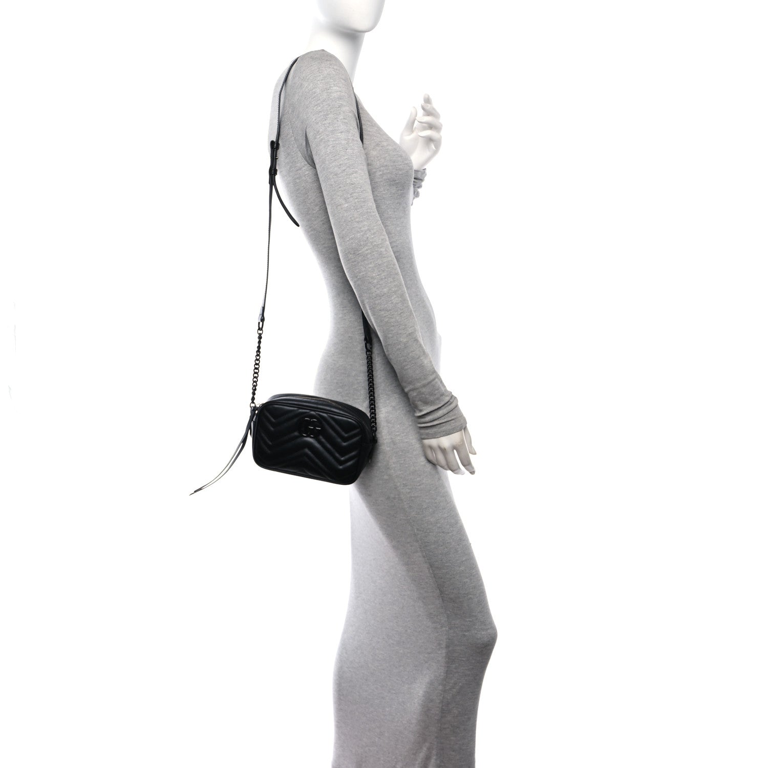 Gucci Calfskin Matelasse Monochrome Mini GG Marmont Chain Shoulder Bag Black 2 of 10