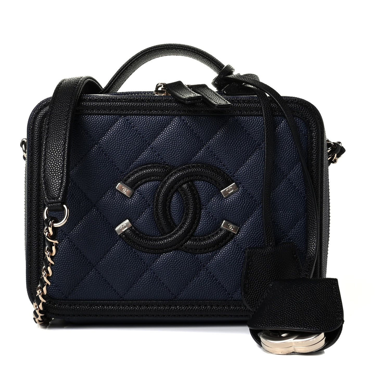 Caviar Quilted Small CC Filigree Vanity Case Navy Black