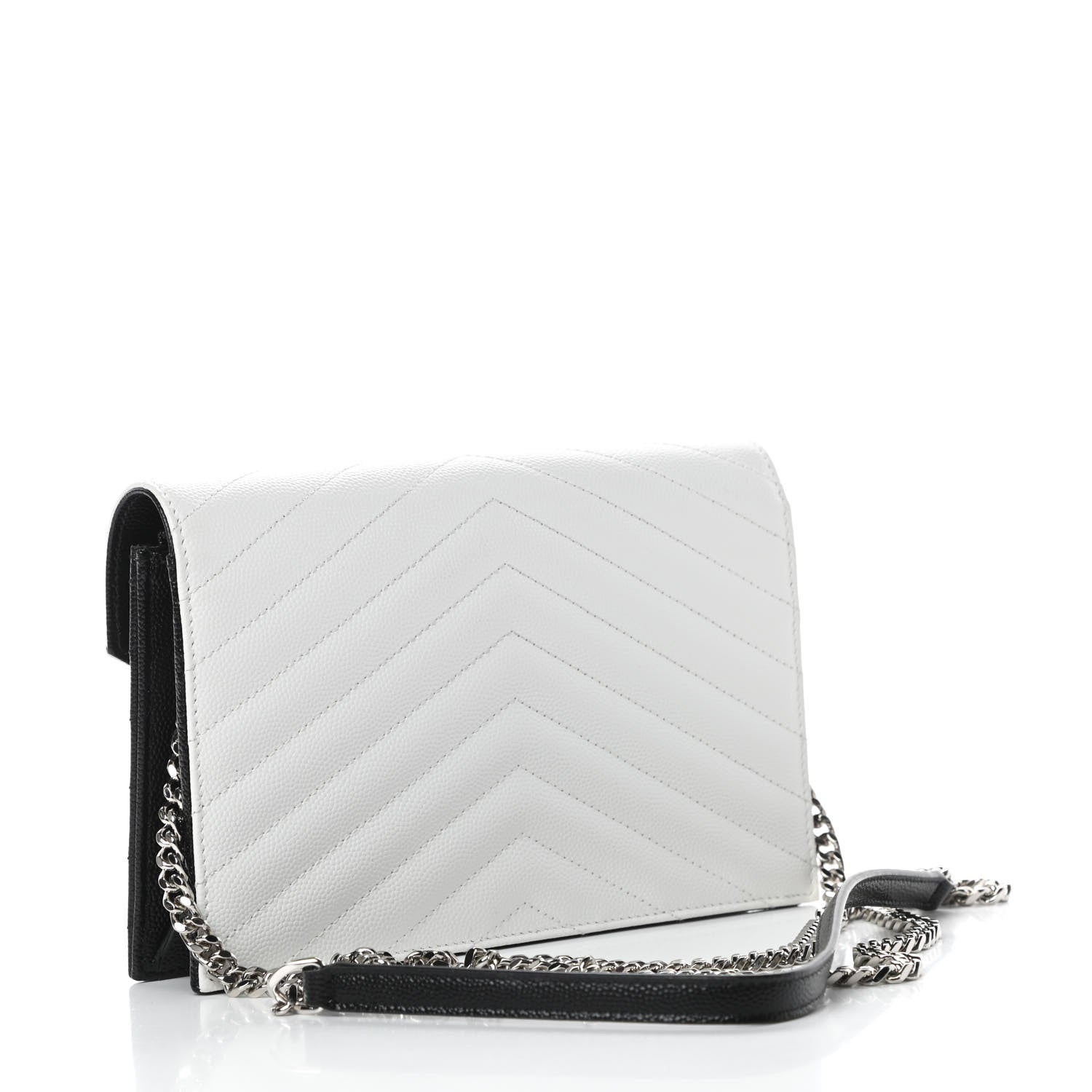 Saint Laurent Grain De Poudre Matelasse Chevron Monogram Envelope Chain Wallet Pearl White Black 3 of 11