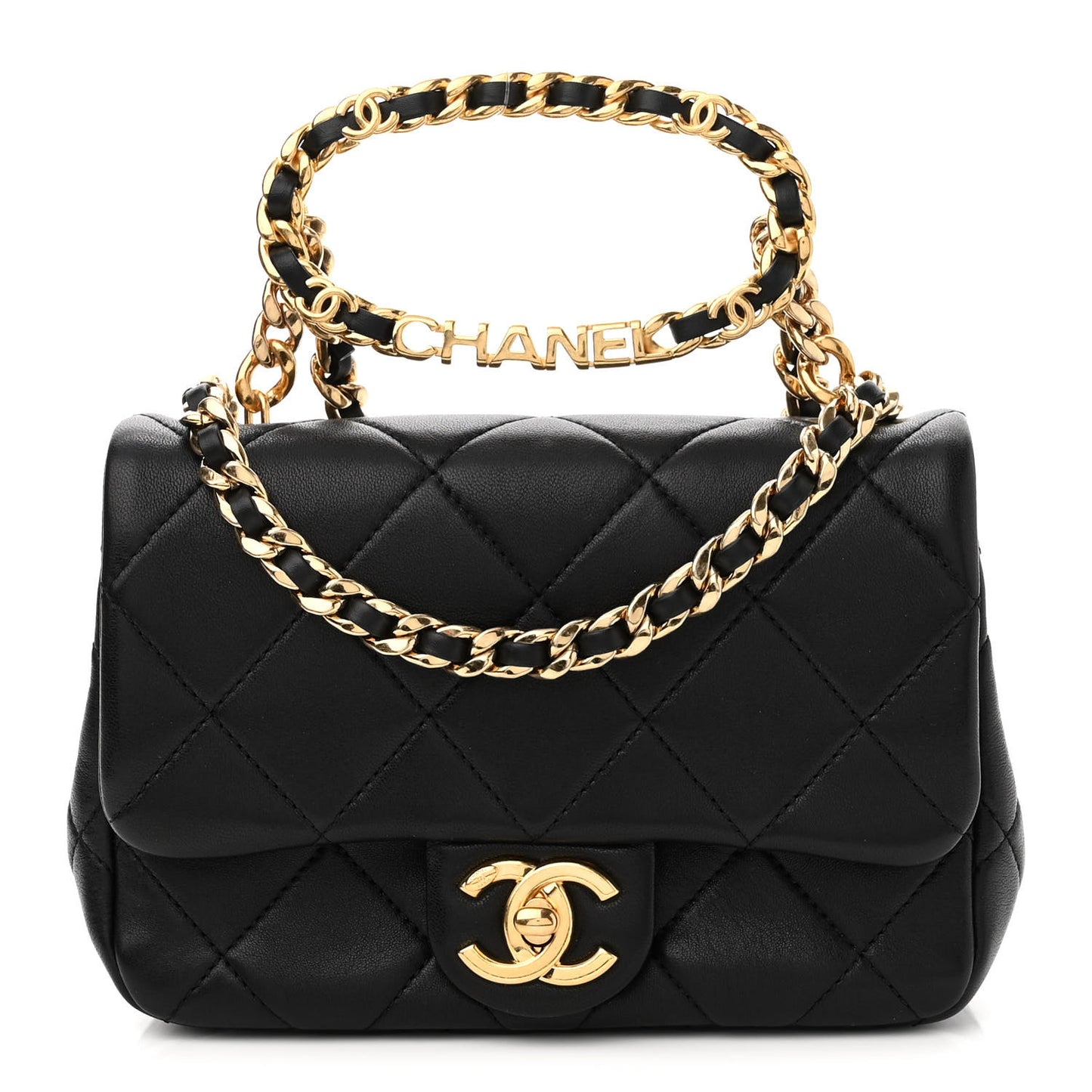 Lambskin Quilted Mini Logo Flap With Handle Black