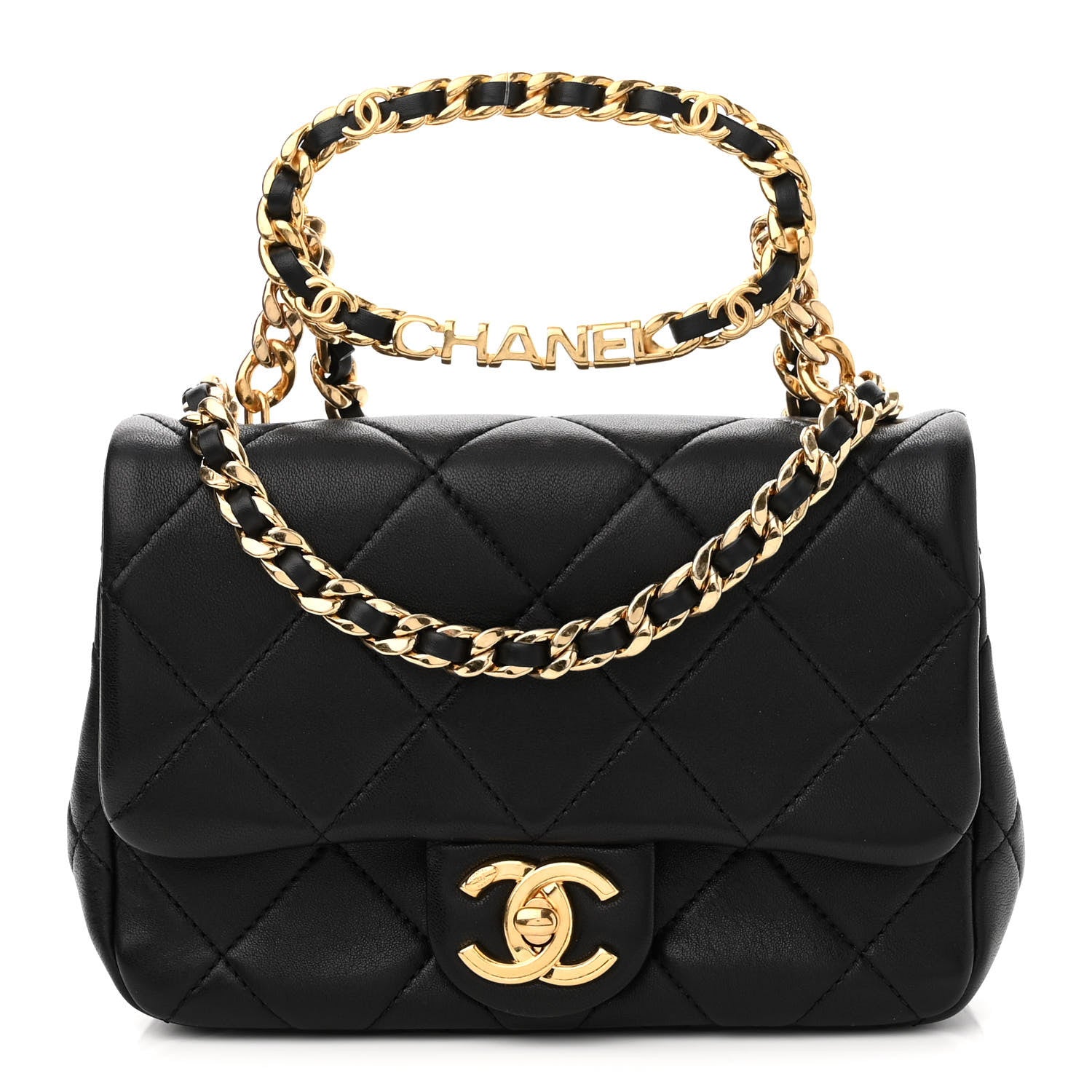 Chanel Lambskin Quilted Mini Logo Flap With Handle Black 1 of 11