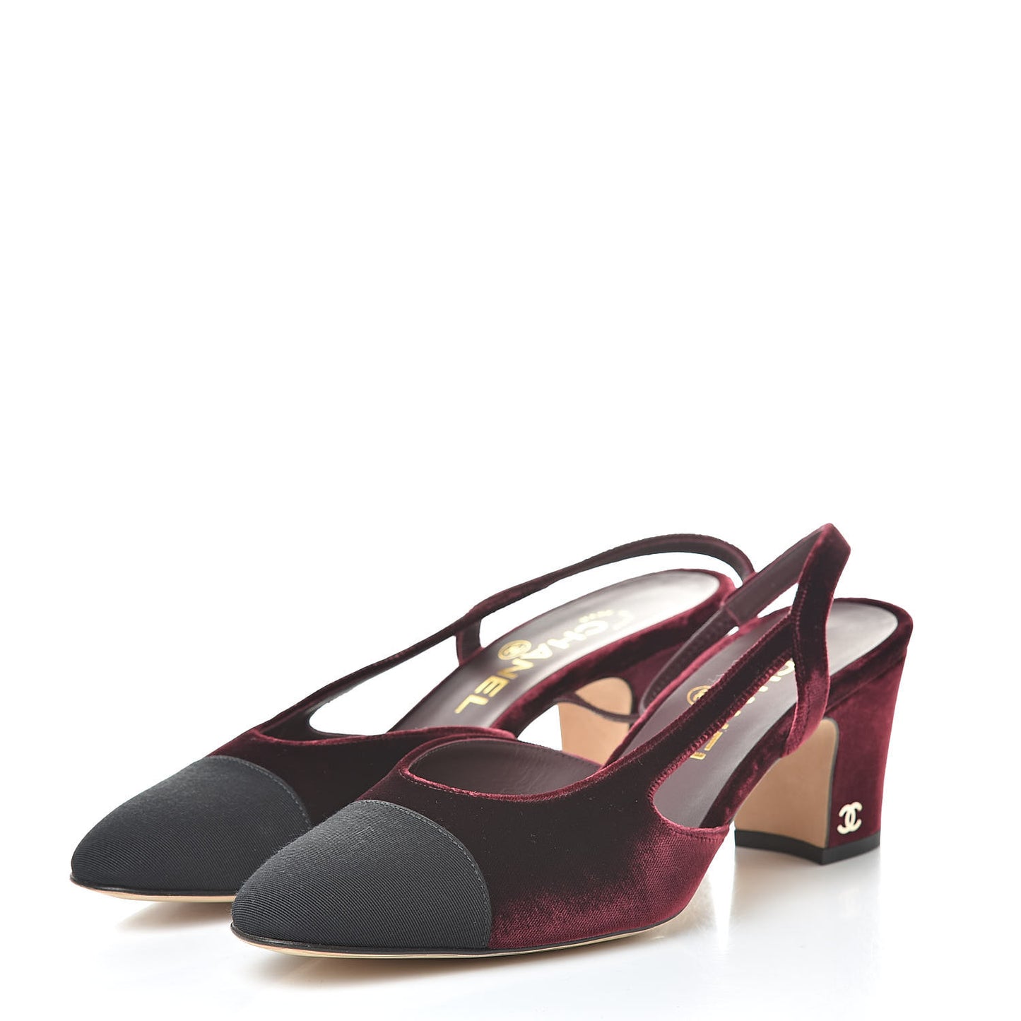Velvet Grosgrain Cap Toe CC Slingback Pumps 37 Burgundy Black