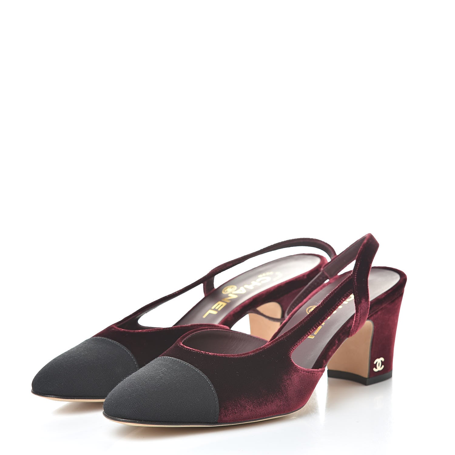 Chanel Velvet Grosgrain Cap Toe CC Slingback Pumps 37 Burgundy Black 3 of 10
