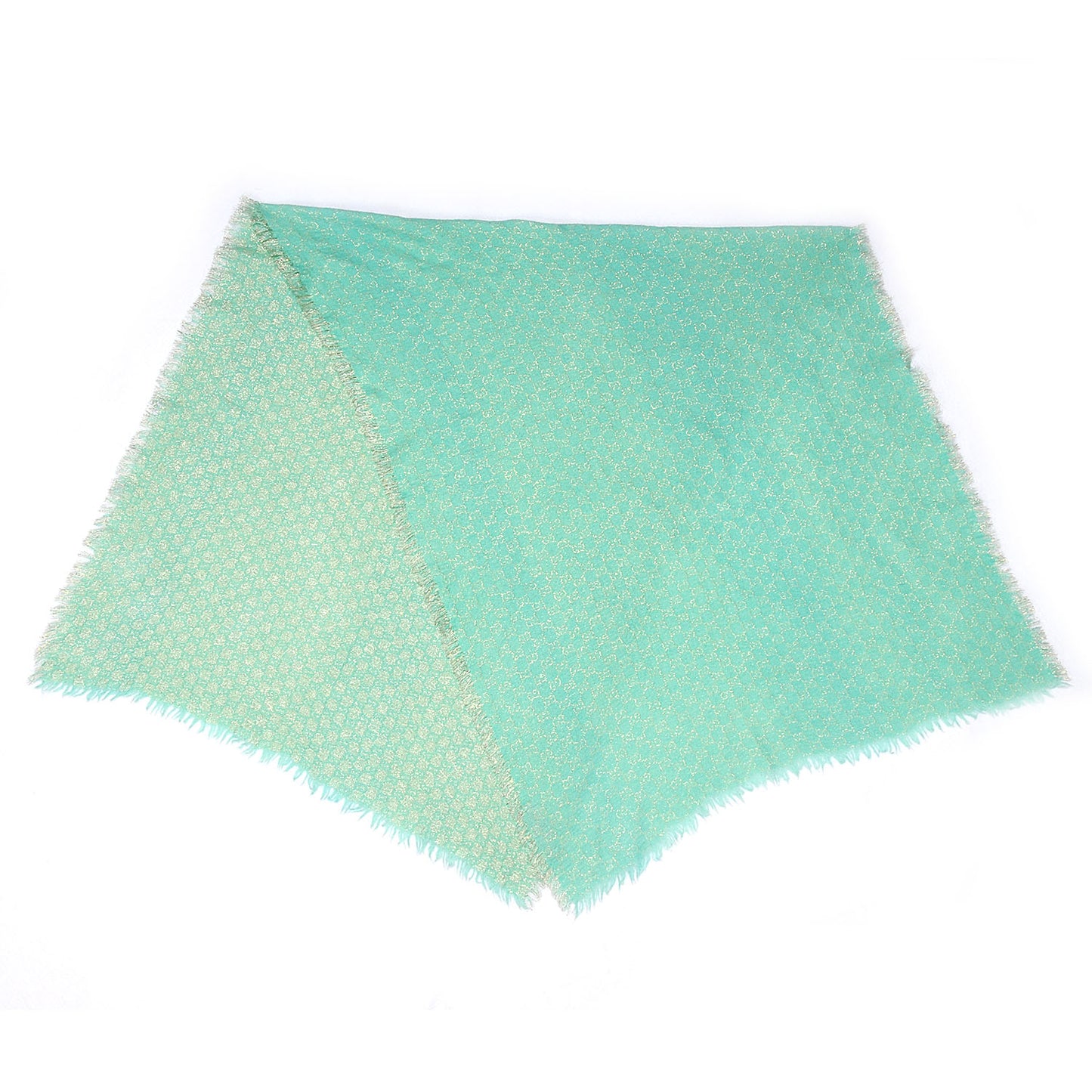 Wool Silk Jacquard Monogram Fringe Scarf Aqua Gold