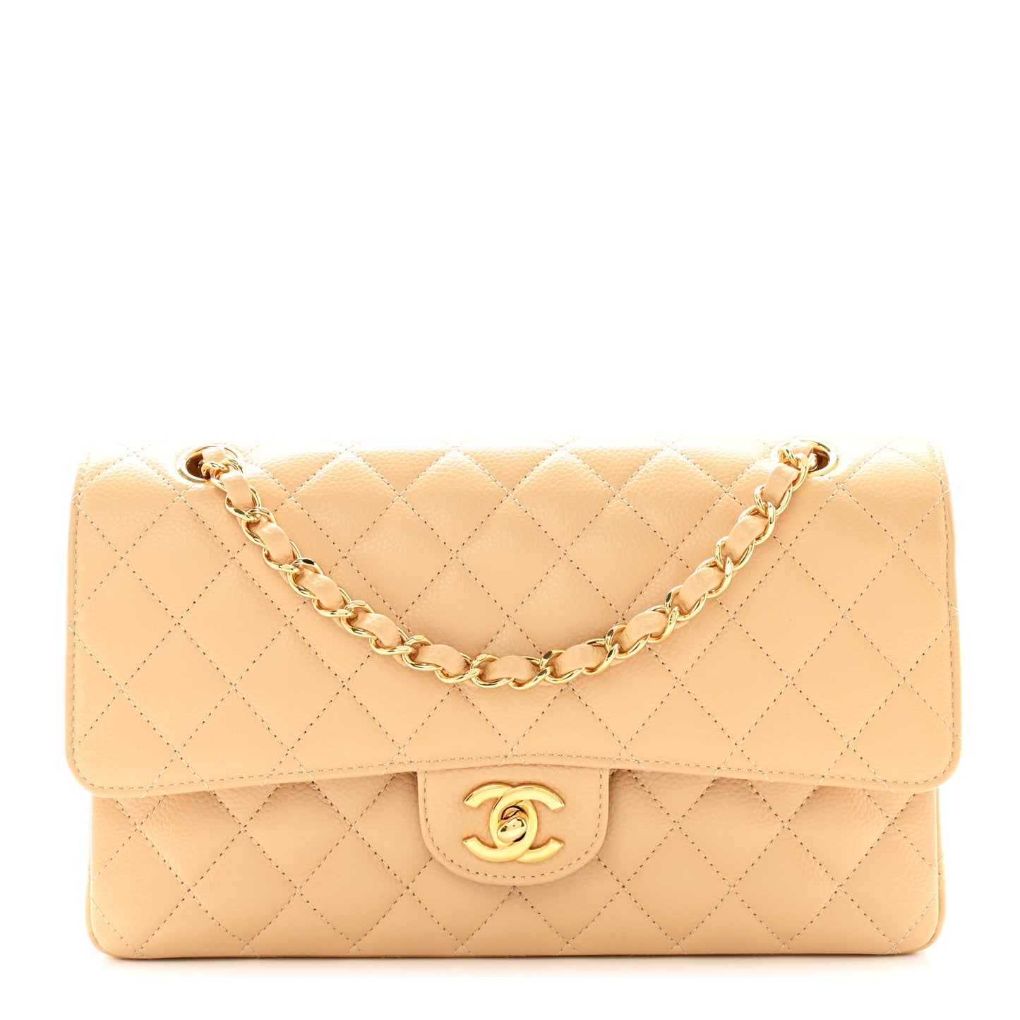 Caviar Quilted Medium Double Flap Beige
