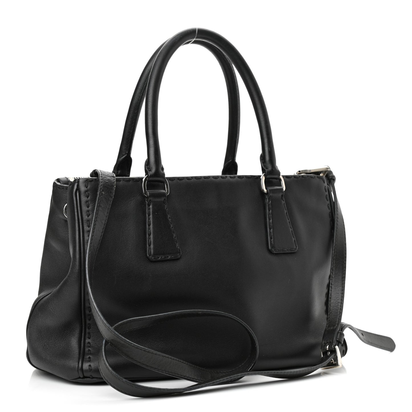 City Calf Hand Stitched Small Galleria Double Zip Tote Black