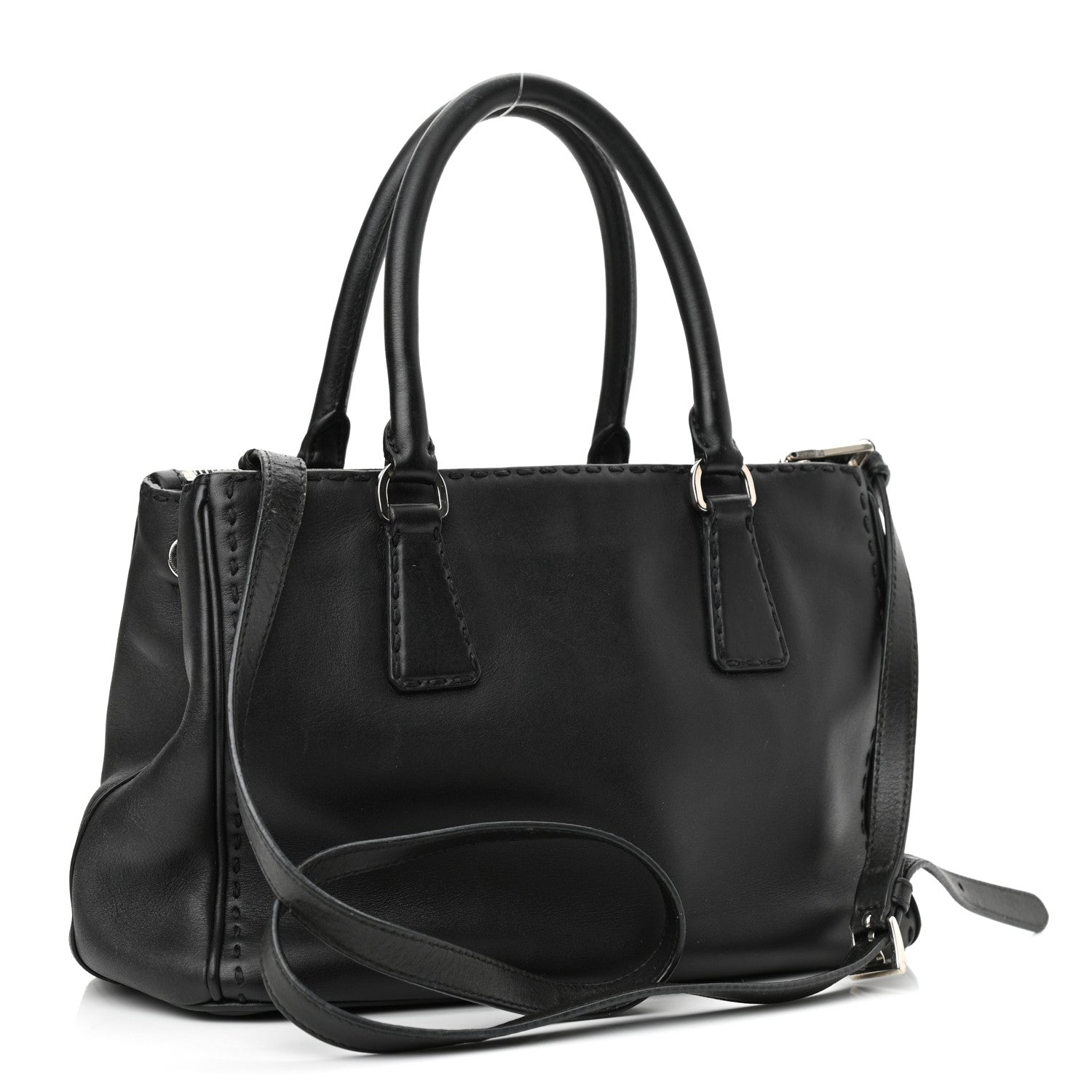 Prada City Calf Hand Stitched Small Galleria Double Zip Tote Black 2 of 12