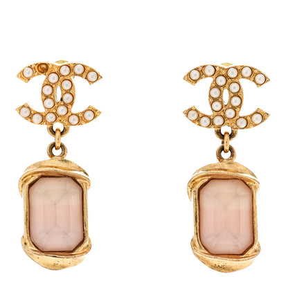 Chanel Metal Crystal Pearl CC Drop Earrings Gold Pink 1 of 6