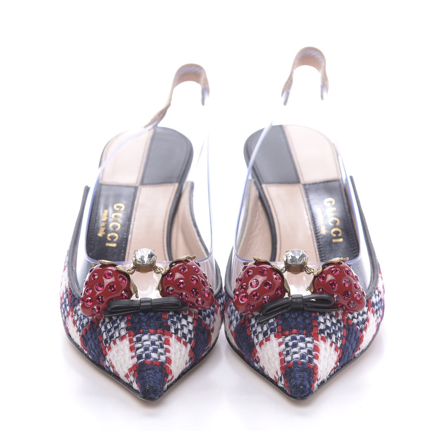 Tweed PVC Bamboo Strawberry Eleonor Low Heel Slingback Pumps 36 Marine Red