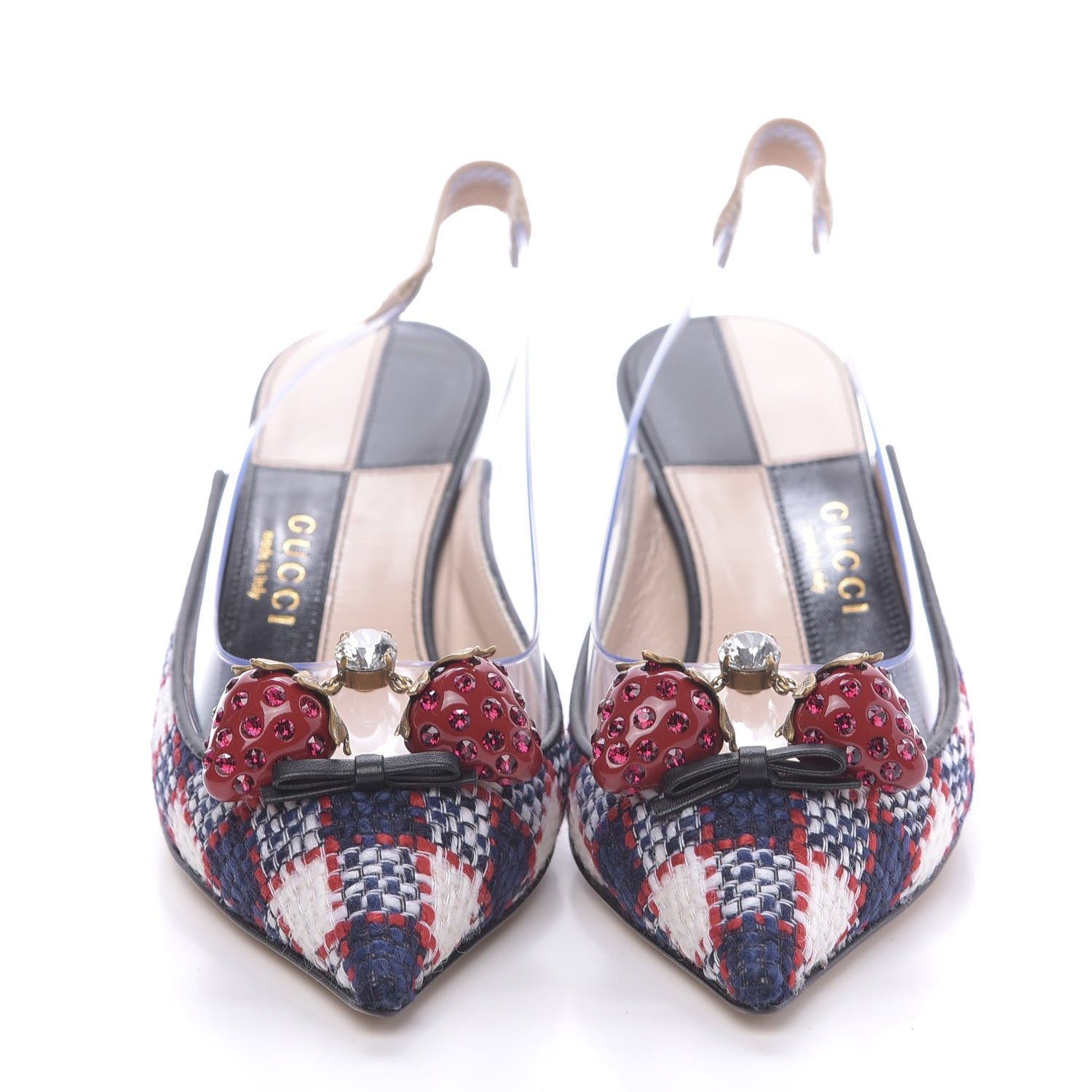 Gucci Tweed PVC Bamboo Strawberry Eleonor Low Heel Slingback Pumps 36 Marine Red 2 of 10
