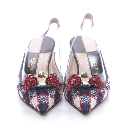 Gucci Tweed PVC Bamboo Strawberry Eleonor Low Heel Slingback Pumps 36 Marine Red 2 of 10
