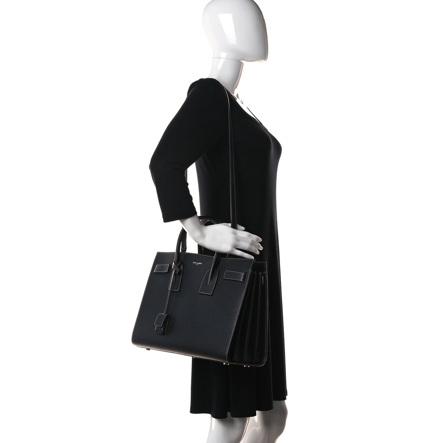 Grained Calfskin Topstitch Small Sac De Jour Black Porcelain