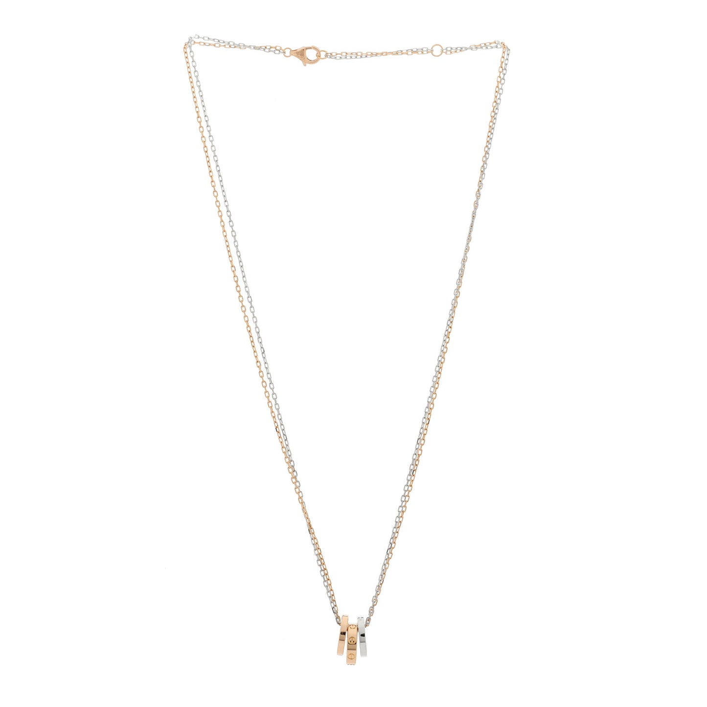 18K White Pink Gold Diamond Three Ring LOVE Pendant Necklace