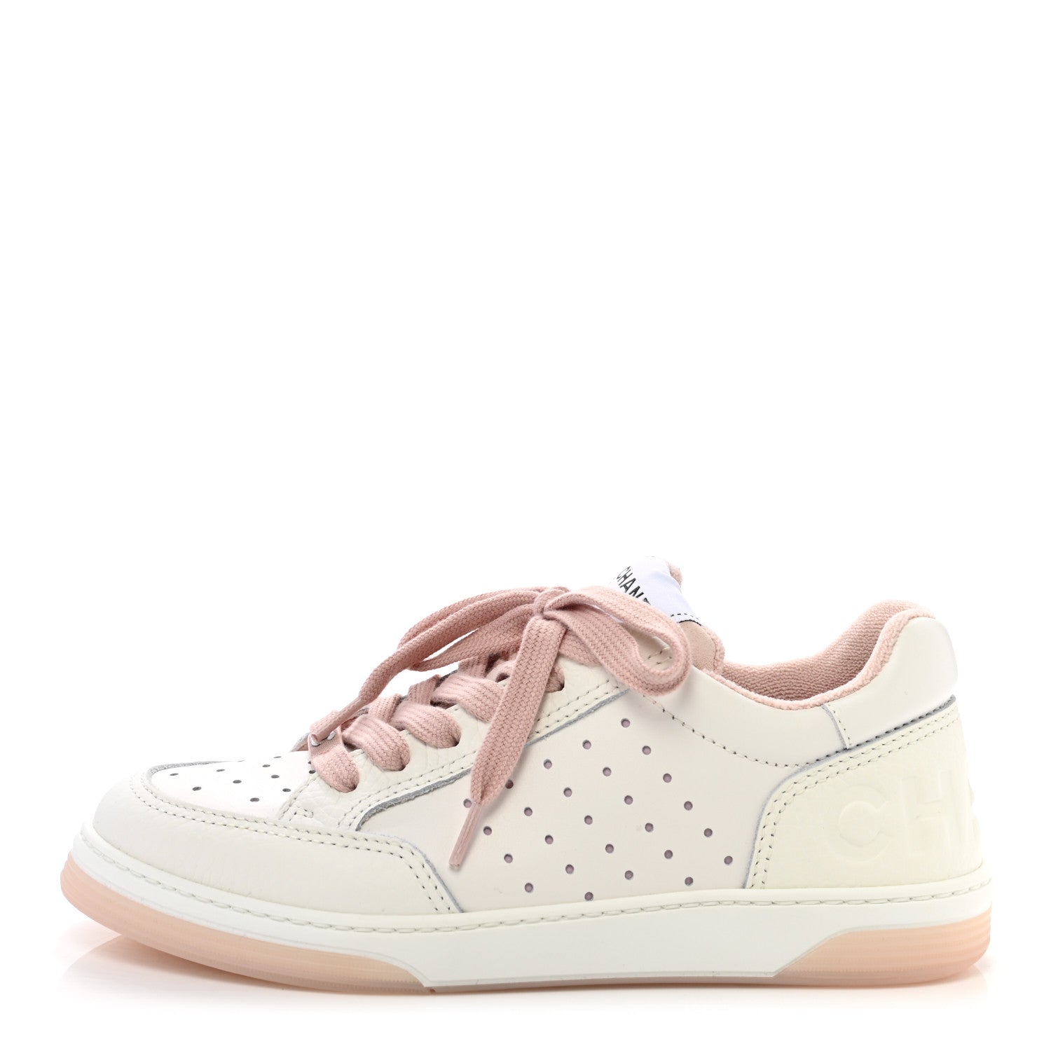 Chanel Grained Calfskin Fabric Womens Logo Sneakers 37.5 White Light Pink 1 of 9