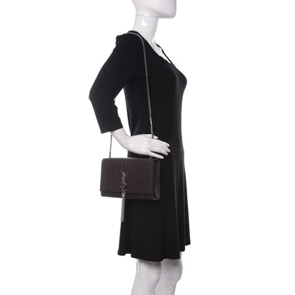 Saint Laurent Calfskin Crocodile Embossed Medium Classic Monogram Kate Tassel Satchel Earth Grey 2 of 10